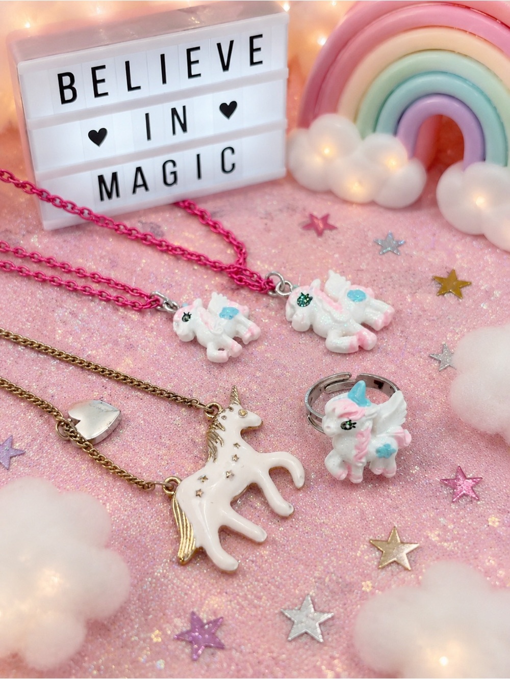 🦄 Vintage Claire’s Y2K Kids Unicorn & Pegasus Jewelry Lot (4 Pieces)